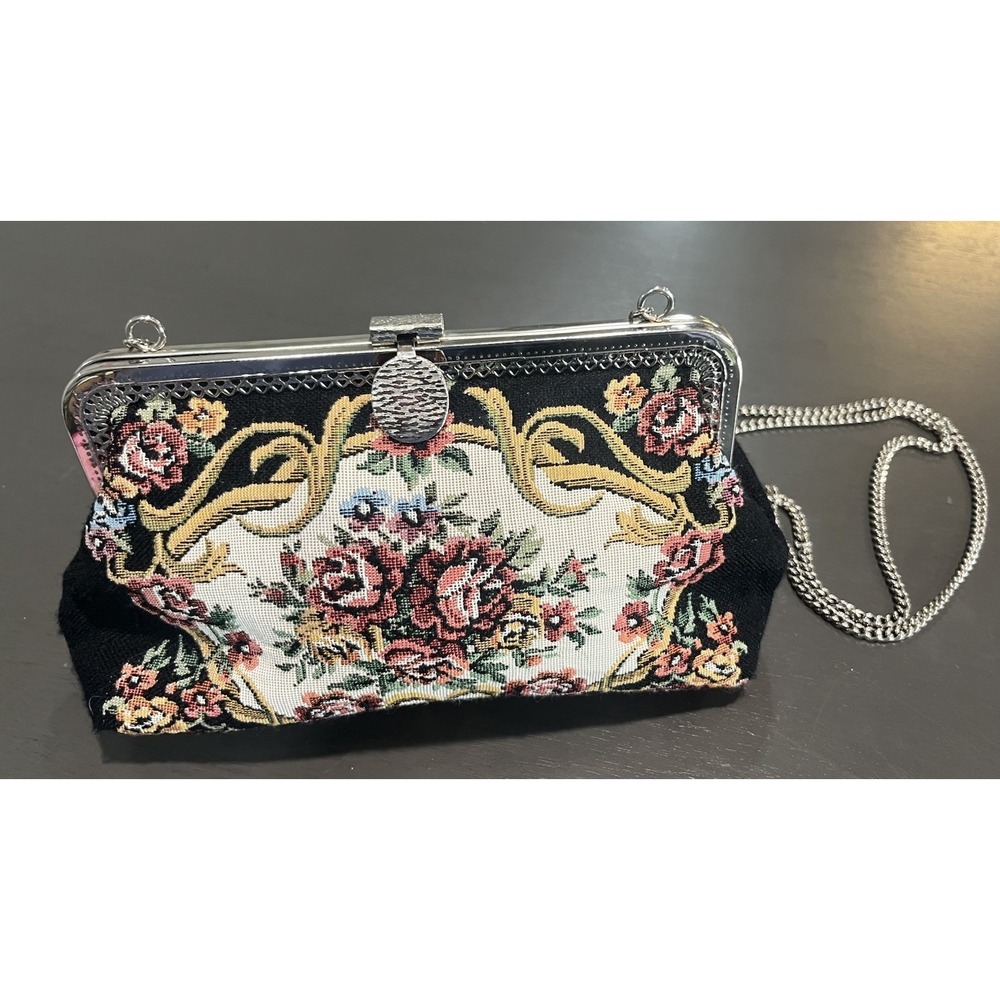 Vtg Floral Tapestry Clutch Purse Metal Chain Strap Black Floral Mad In Hong Kong